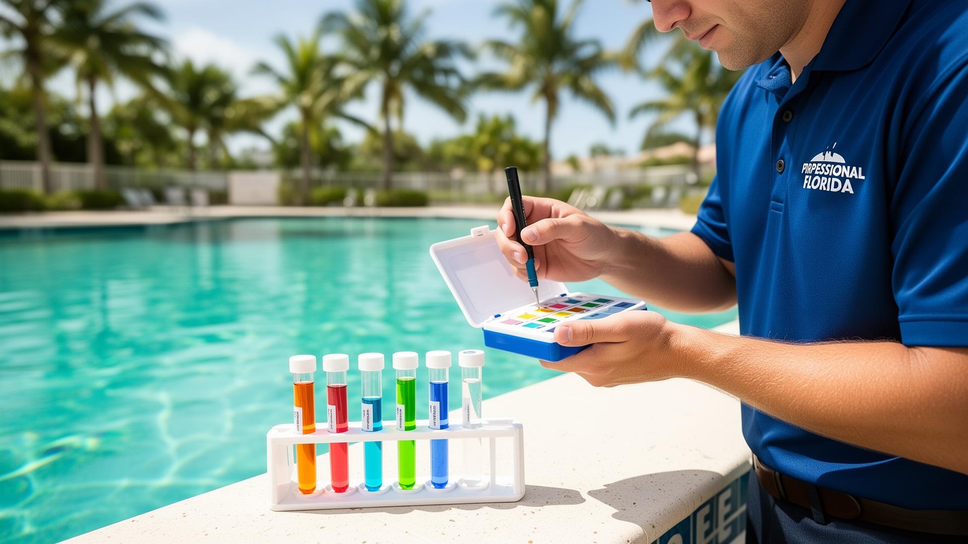 Technician testing pool water quality